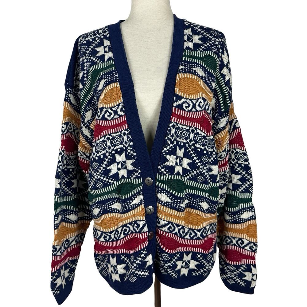 Vintage Heartworks Cardigan Women Large Multicolor Fair Isle Chunky 3D Knit NWT